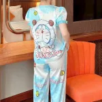 Đồ bộ pijama quần dài áo tay ngắn phồng cổ vuông họa tiết