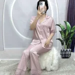 Đồ bộ pijama quần dài áo tay ngắn xước màu có túi phối ren