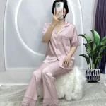 Đồ bộ pijama quần dài áo tay ngắn xước màu có túi phối ren