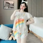 Đồ bộ pijama quần đùi áo tay ngắn cổ tròn viền nhún in hoạ tiết