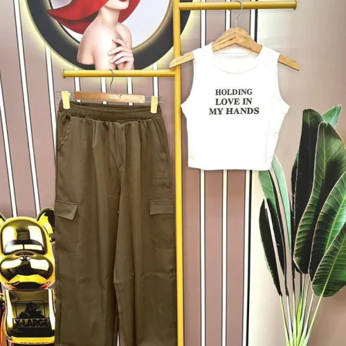 Đồ bộ quần dài áo crop ba lỗ in chữ