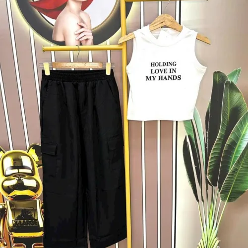 Đồ bộ quần dài áo crop ba lỗ in chữ