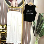 Đồ bộ quần dài áo croptop sát nách in chữ