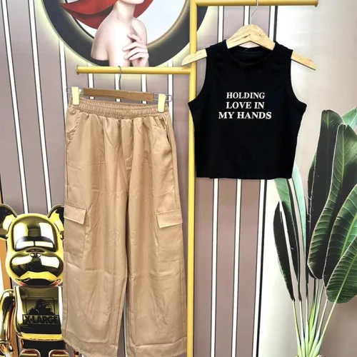 Đồ bộ quần dài áo croptop sát nách in chữ