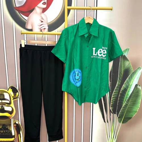Đồ bộ quần dài áo sơ mi tay ngắn in chữ