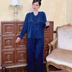 Đồ bộ quần dài áo tay dài bèo cổ v màu trơn
