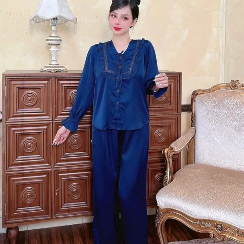 Đồ bộ quần dài áo tay dài bèo cổ v màu trơn