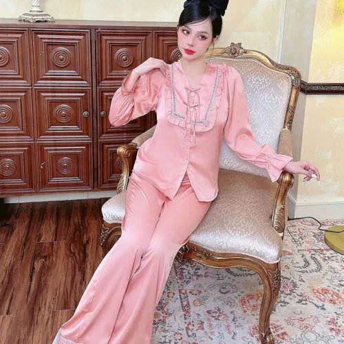 Đồ bộ quần dài áo tay dài bèo cổ v màu trơn