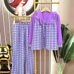 Đồ bộ quần dài áo tay dài caro cổ v bèo