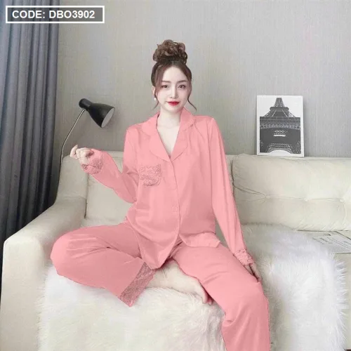 Đồ bộ quần dài áo tay dài cổ bẻ màu trơn