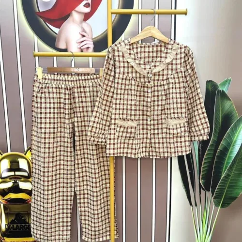 Đồ bộ quần dài áo tay dài cổ lá sen caro