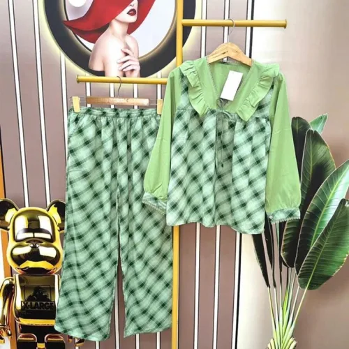 Đồ bộ quần dài áo tay dài cổ v caro