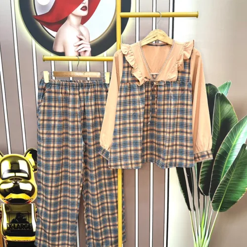 Đồ bộ quần dài áo tay dài cổ v caro