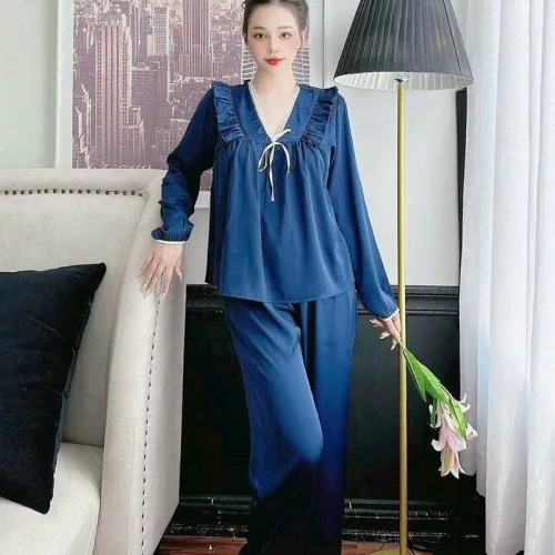 Đồ bộ quần dài áo tay dài cổ v màu trơn