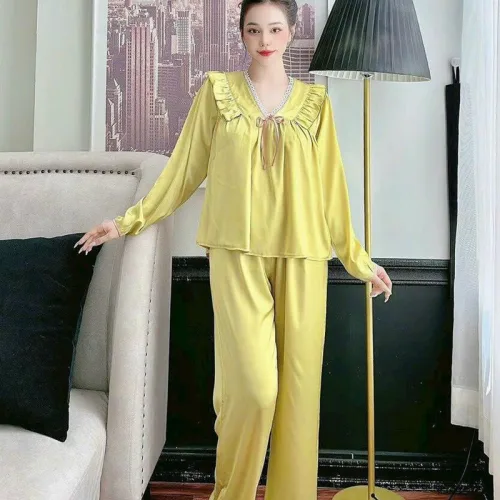 Đồ bộ quần dài áo tay dài cổ v màu trơn