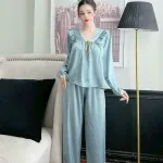 Đồ bộ quần dài áo tay dài cổ v màu trơn
