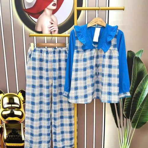 Đồ bộ quần dài áo tay dài cổ v phối bèo caro