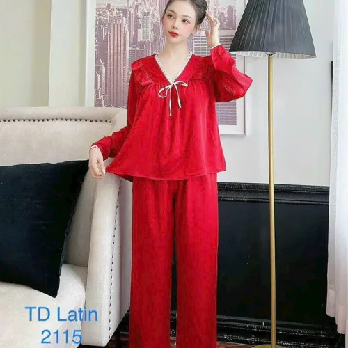 Đồ bộ quần dài áo tay dài cổ v phối ren màu trơn