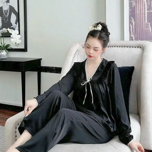 Đồ bộ quần dài áo tay dài cổ v phối ren màu trơn