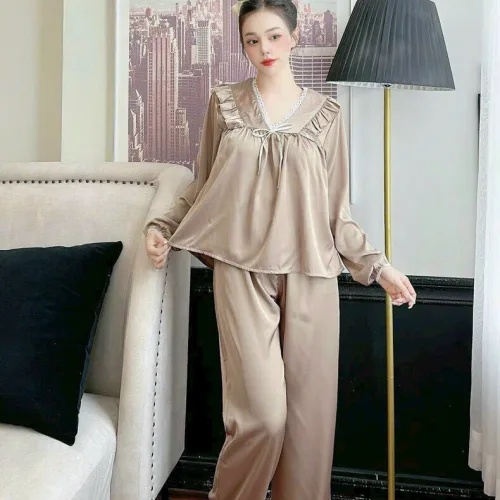 Đồ bộ quần dài áo tay dài cổ v phối ren màu trơn