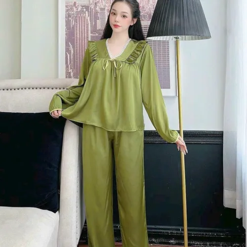 Đồ bộ quần dài áo tay dài cổ v phối ren màu trơn