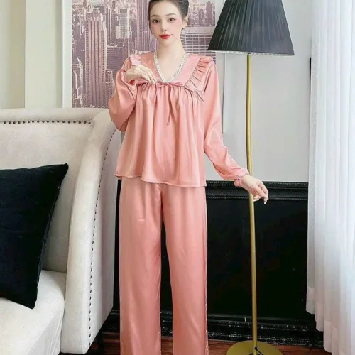 Đồ bộ quần dài áo tay dài cổ v phối ren màu trơn