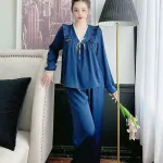 Đồ bộ quần dài áo tay dài cổ v phối ren màu trơn