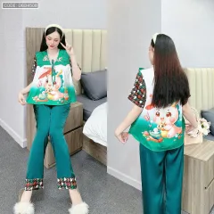 đồ bộ quần dài áo tay dài in hình dễ thương cổ nơ thăt nhỏ