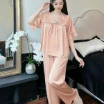 Đồ bộ quần dài áo tay lửng bèo cổ v màu trơn
