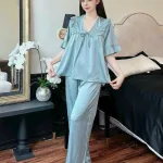 Đồ bộ quần dài áo tay lửng bèo cổ v màu trơn