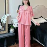Đồ bộ quần dài áo tay lửng bèo cổ v màu trơn