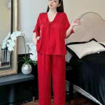 Đồ bộ quần dài áo tay lửng bèo cổ v màu trơn