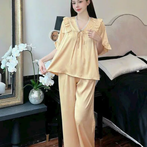 Đồ bộ quần dài áo tay lửng bèo cổ v màu trơn