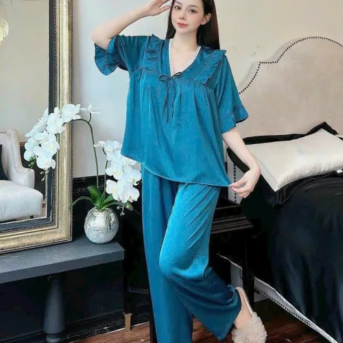 Đồ bộ quần dài áo tay lửng bèo cổ v màu trơn
