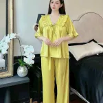 Đồ bộ quần dài áo tay lửng bèo cổ v màu trơn