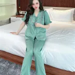 Đồ bộ quần dài áo tay ngắn cổ phối ren màu trơn