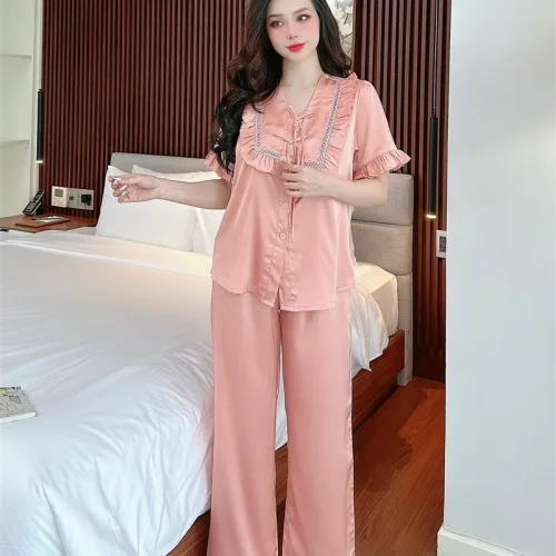 Đồ bộ quần dài áo tay ngắn cổ phối ren màu trơn