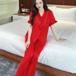 Đồ bộ quần dài áo tay ngắn cổ phối ren màu trơn