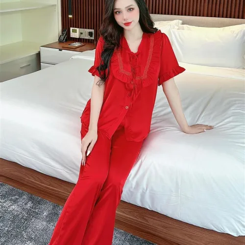 Đồ bộ quần dài áo tay ngắn cổ phối ren màu trơn