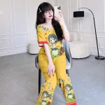 Đồ bộ quần dài áo tay ngắn cổ tròn hoạ tiết