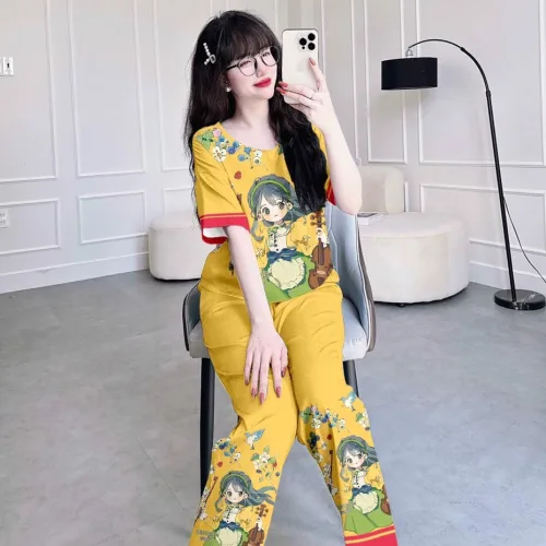 Đồ bộ quần dài áo tay ngắn cổ tròn hoạ tiết