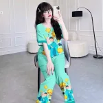 Đồ bộ quần dài áo tay ngắn cổ tròn hoạ tiết