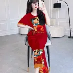 Đồ bộ quần dài áo tay ngắn cổ tròn hoạ tiết