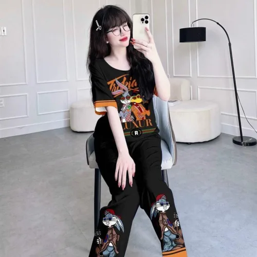 Đồ bộ quần dài áo tay ngắn cổ tròn hoạ tiết