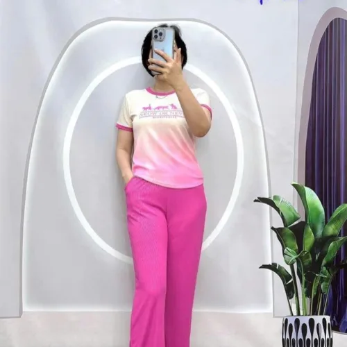 Đồ bộ quần dài áo tay ngắn cổ tròn in chữ