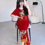 Đồ bộ quần dài áo tay ngắn cổ tròn in hình