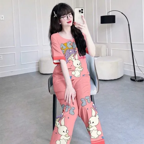 Đồ bộ quần dài áo tay ngắn cổ tròn in hình
