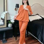 Đồ bộ quần dài áo tay ngắn cổ v màu trơn
