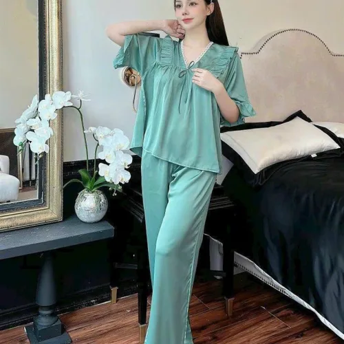 Đồ bộ quần dài áo tay ngắn cổ v màu trơn