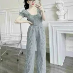 Đồ bộ quần dài áo tay ngắn cổ vuông caro